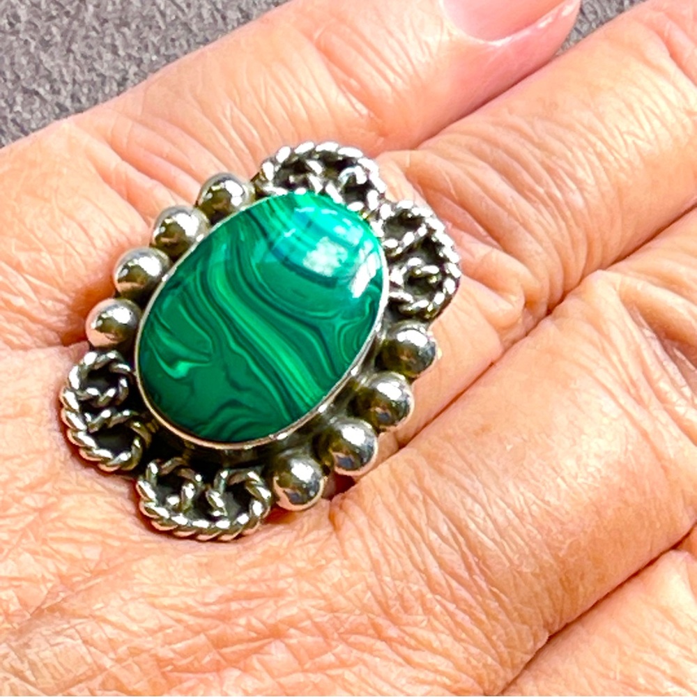 Brilliant Malachite Sterling Silver Mexico Adjustable Ring